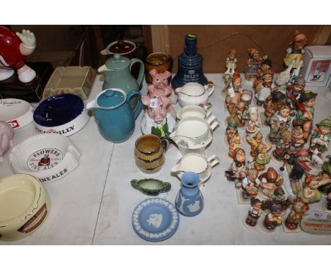 Three Wade Nat West piggy banks, Wedgwood jasperware, Denby, Bells Scotch whisky decanter (lacking contents) Staffordshire My