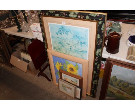 A large Oriental print; a Judy Mattin watercolour depicting poppies etc.