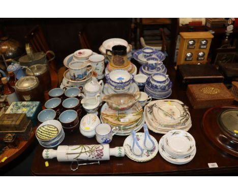 A quantity of various china to include Denby, Portmeirion rolling pin, various blue and white china, collectors plates etc.