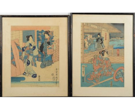 After Kunisada, a wood block print: depicting servant girls on household chores, 27 x 21cm, together with another print after
