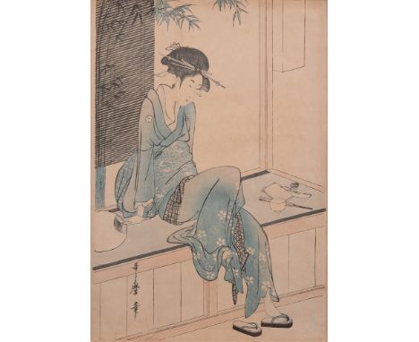After Utamaro, a Japanese woodblock print: depicting a seated Geisha girl removing her sandal, 38 x 26.5cm.


