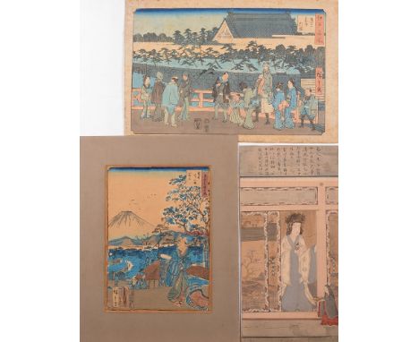 After Hiroshige - a wood block print: views of Mount Fuji, together with two other prints.

