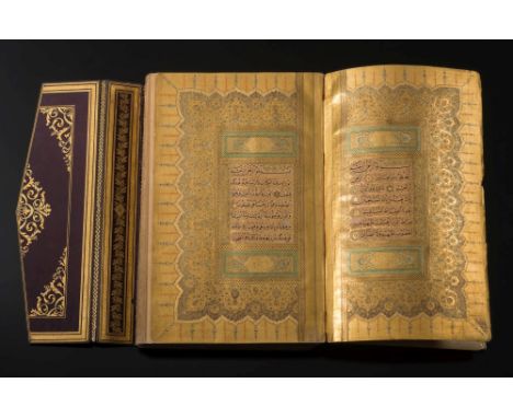 KORAN : Illuminated manuscript, 410 pages, 221 x 141 mm, cont. red gilt morocco, with matching doublures, gilt edges, with fl