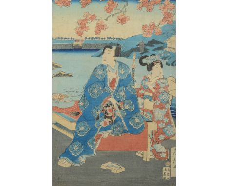 After Fusatane, a wood block print: depicting a seated samurai warrior with courtesan, 35 x 23.5cm.


