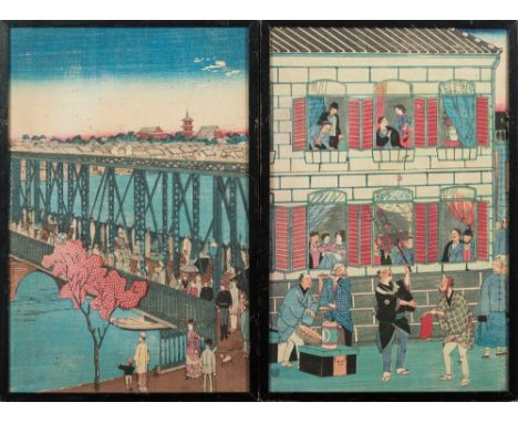 After Kunitora II - A Japanese wood block print: the first iron bridge, Yokohama, 35 x 23cm, together with a similar print of