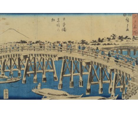 After Utagawa Hiroshige, Clear Morning after Snow at Nihonbashi Bridge:  from the series Famous Places in Edo, a polychrome w