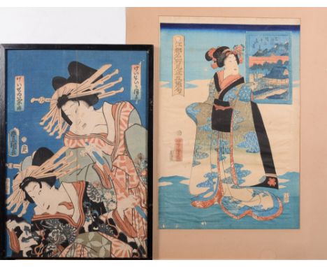 After Toyokuni a woodblock print: depicting two courtesans in traditional costumes, 35.5 x 24cm, together with another print 