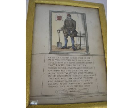 A framed engraving of 'Old Scarlet', the gravedigger of Peterborough Cathedral; who buried both Catherine of Aragon and Mary 