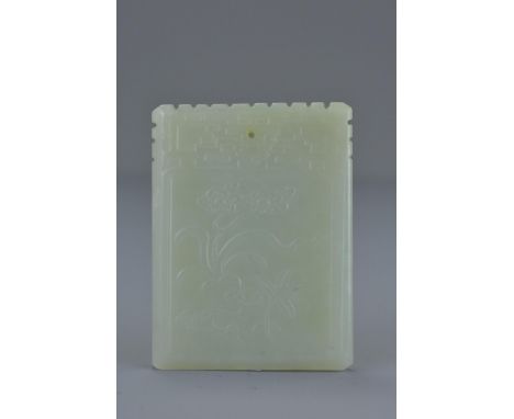 Chinese Hetian Jade Plaque carved with a display of flowers to one side and inscription of poem to the other, 4.5cms x 5.5cms