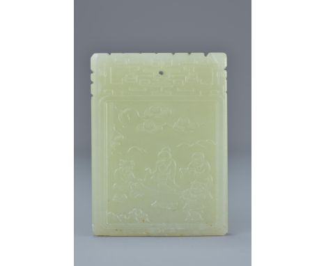 Chinese Hetian Jade Plaque carved with a Scholar and a Child to one side and Three Scholars admiring a painting to the other 