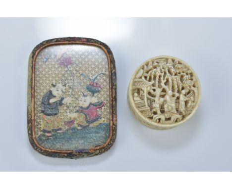 A Chinese late Qing dynasty pocket mirror with painted pierced ivory panel decorated with children playing. Together with a c