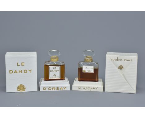 Two women's vintage perfume bottles. 'Le Dandy D'ORSAY Paris' 1/2oz in original box and 'Voulez-vous D'ORSAY Paris' 1/2oz in 