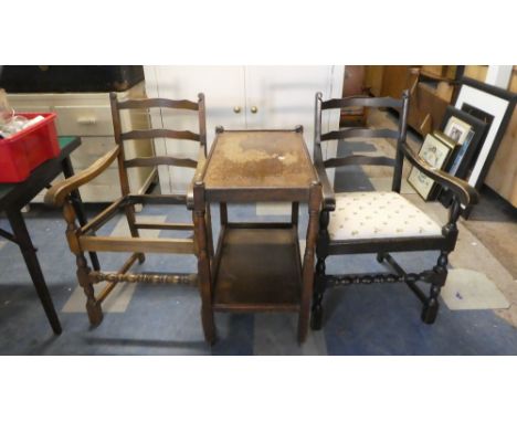 Two Ladder Back Arm Chairs and an Oak Trolley 
