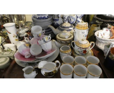 A Tray of Ceramics to Include Japanese Coffee Sets, Noritake Teapot, Two Cream Jugs Etc 