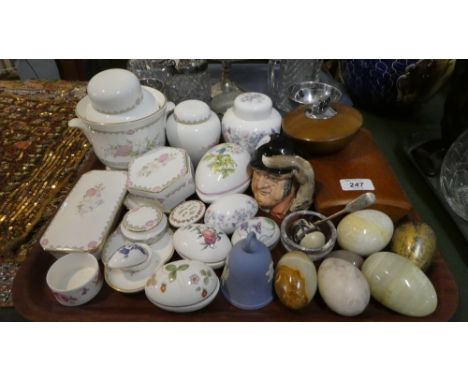 A Tray of Ceramics to Include Wedgwood and Royal Worcester Egg Trinket Boxes, Coalport Vase, Onyx Eggs, Royal Doulton Gone Aw