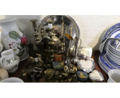 A Tray Containing Various Brass and Metal Ornaments, Candle Sticks, Vases etc