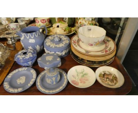 A Tray of Ceramics to Include Wedgwood Blue and White Jasperware, Royal Crown Derby Bowl, Decorated Plates by Royal Doulton 