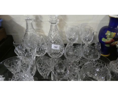 A Tray of Glassware to Include Two Decanters, Brandy Balloons, Wines etc 