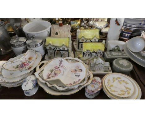 A Tray of Ceramics to Include Coalport Ceramic Cottages, Wedgwood Jasperware, Portmeirion Botanic Garden etc