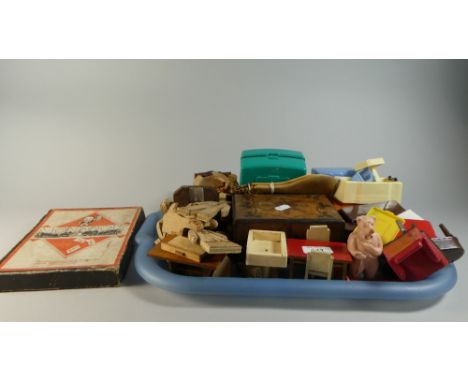 A Tray Containing Dolls House Furniture, Chess Pieces, Vintage Monopoly etc