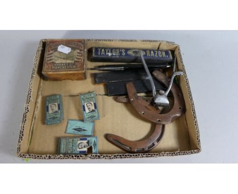 A Collection of Vintage Shaving Ephemera to Include Cut Throat Razors, Trimmer, Gillette Blades Etc