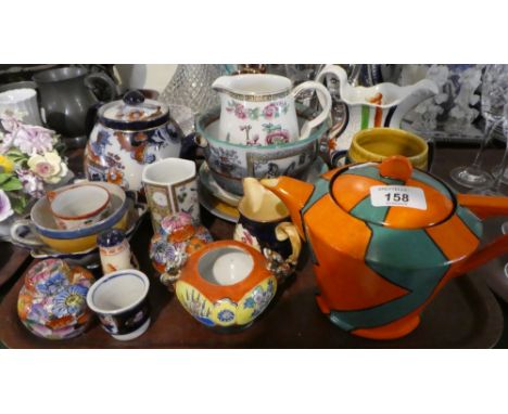 A Tray of Ceramics to Include Decorated Teapots, Sugar Bowls, Miniature Ginger Jar, Indian Tree Jug, Bowls Etc