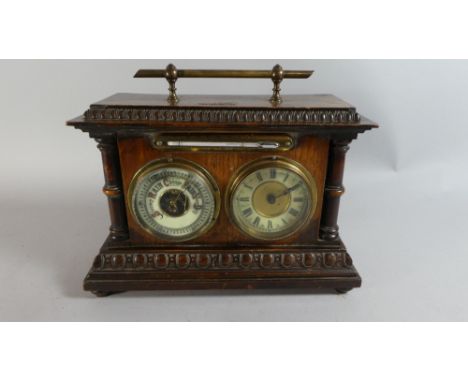 A Late Victorian Oak Desk Top Weather Station to Include Clock, Barometer and Thermometer, with Brass Carrying Handle, 29cm W