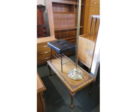 A Rectangular Coffee Table with Carved Border and Claw and Ball Feet Together with Vintage Stool and Brass Standard Lamp