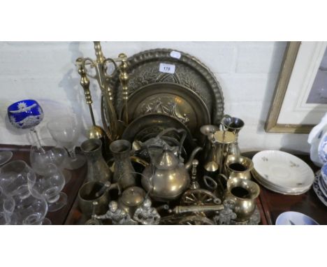 A Tray of Brasswares to Include Fire Companion Set, Knight Ornaments, Cannon, Jug, Vases Etc