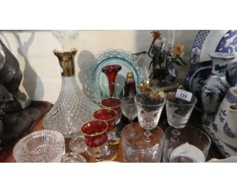 A Tray of Coloured and Etched Glassware