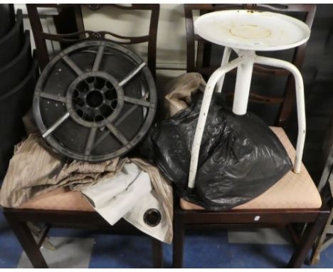 A Pair of Ladder Back Chairs, Strapping Tape, Metal Stool, Curtains Etc