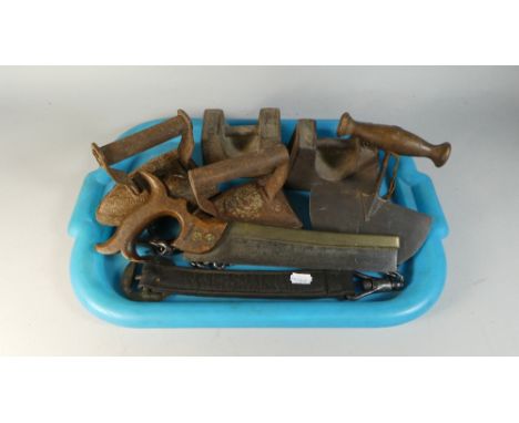 A Tray of Vintage Ironwares to Include Herb Cutter, Flat Irons, Weights, Saw etc