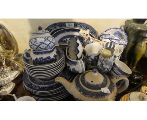 A Tray of Blue and White China to Include Willow Pattern Plate and Bowls and Teapot, Mugs Etc 