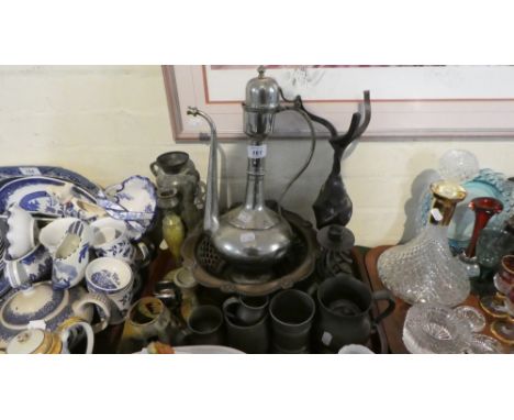 A Tray of Metal Wares to Include North African Coffee Pot, Pewter Tankards etc
