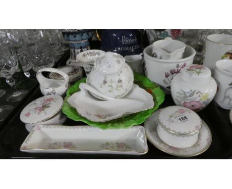 A Tray of Ceramics to Include Wedgwood Campion, Spode, Royal Albert Festival Fanfare, Coalport Canterbury, Wedgwood Meadowswe