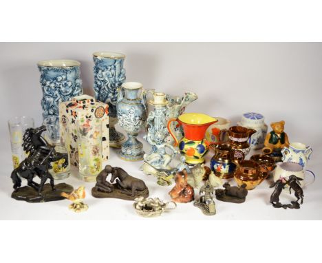 A collection of ceramics, glassware and homewares, to include Capodimonte vases, lusterware jugs, a pair of brass coach lamps