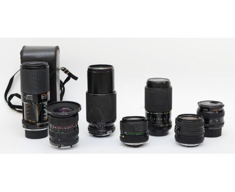 Seven camera lenses, to include a Sirius 18mm-28mm f4-f4.5, a Vivitar 80mm-200mm f4.5, a Finex 35mm-70mm f3.5-f4.5, a Praktic