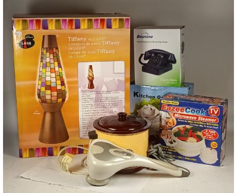 A collection of homewares, new old stock (nos) to include dial scales, foam mattress topper, tiffany style lava lamp, clothes