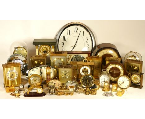 Three boxes of mantel clocks, carriage clocks, anniversary clocks and wall clocks, having manual wind and quartz movements. 