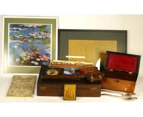 A Viner &amp; Hall of Sheffield canteen of cutlery, together with an Edwardian mahogany tea caddy, a silhouette of a young wo