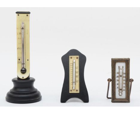 A F.J. Gold Optician Birmingham desk thermometer, 17cm tall, together with two smaller desk thermometers (3) 