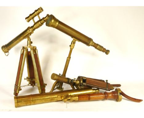 A collection of four brass library telescopes, draw action with rack and pinion focusing, on adjustable tripod stands. (4) 