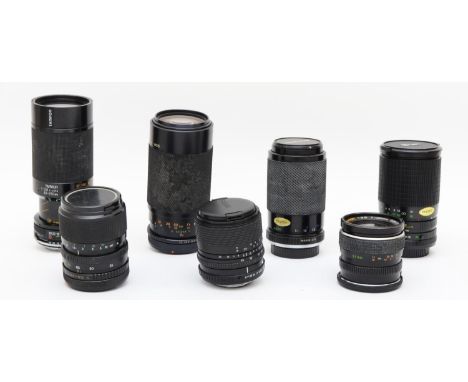 Seven camera lenses, to include a Chinon 35mm f2.8, a Sigma 28mm-70mm f3.5-f4.5, a Miranda 35mm-70mm f3.5-f4.5, a Tamron 80mm