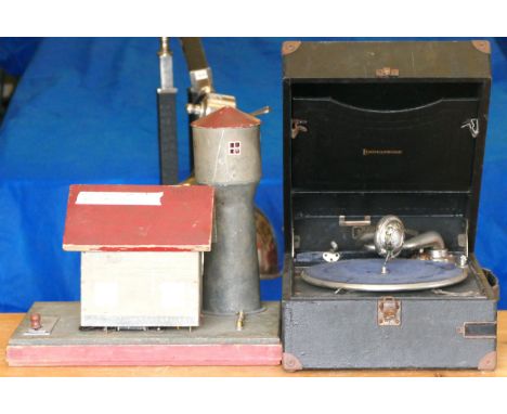 Two 1960s childrens scooters, two pedal bikes, a model railway light up tower/transformer on wood base and a wind up gramopho