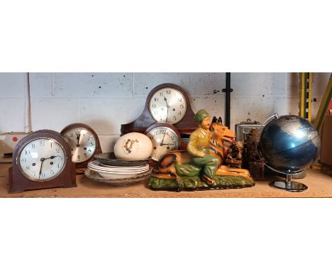 A collection of miscellaneous, to include mantel clocks, a copper coal scuttle, a globe, figurines, scales, 78rpm records, a 