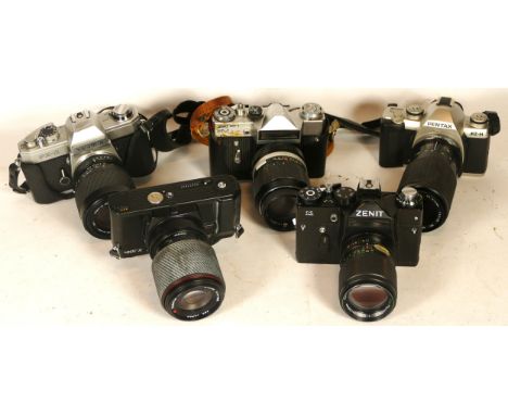 Five 35mm film cameras, to include a Zenith ZM, a Zenit 11, a Yashica FX-2, a Minolta X-300s and a Pentax MZ-M, all with lens