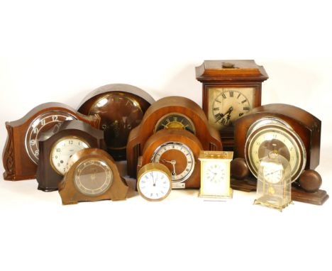 Three boxes of mantel clocks, together with three Vienna style wall clocks and a wall barometer, having manual wind and quart