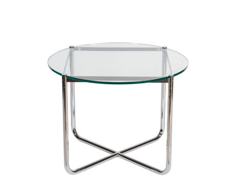 LUDWIG MIES VAN DER ROHE, Sofatisch "MR 140" Glas, Metallrohr, verchromt, HxD: 52/71 cm. Leichte Altersspuren.Ludwig Mies van