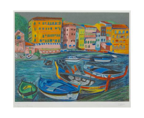 BUCHT IN VILLEFRANCHE, Farblithografie, im unteren Teil sign, betitelt und nummeriert: „F. Kiener (Kiener Florence) / 23/180 