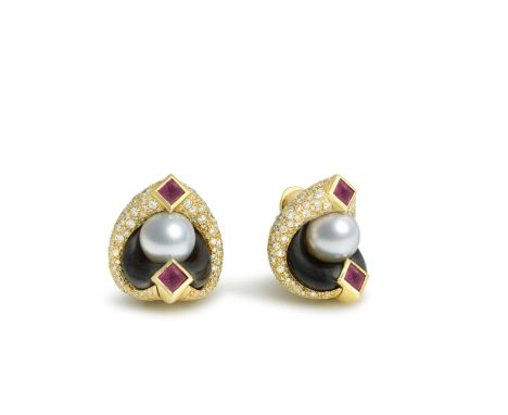 MARINA B: GEM-SET 'LORETO' EARCLIPS, CIRCA 1989Each 11.0mm cultured pearl, within sculptural surrounds pavé-set with brillian
